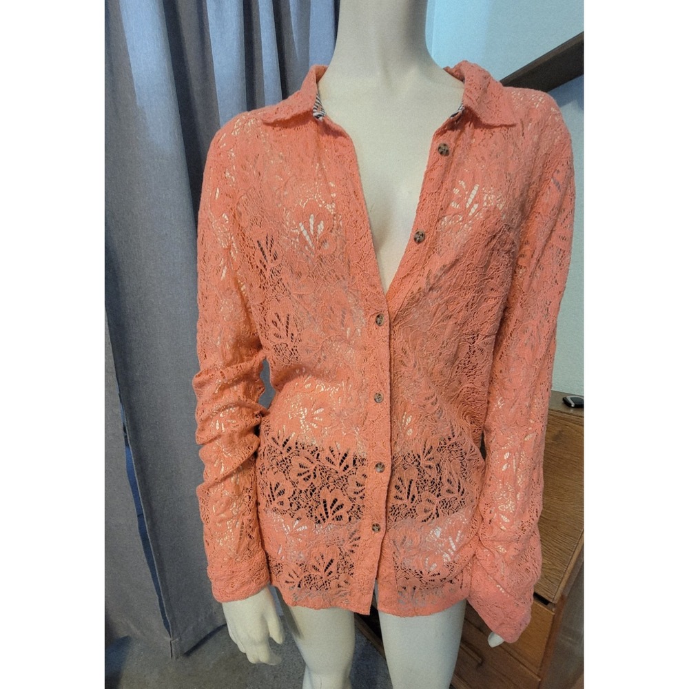 Volcom Floral Mesh Lace‎ Button Up Blouse Large Salmon Orange Sheer Coquette Y2K